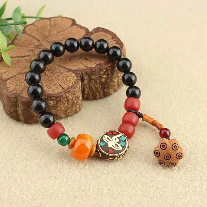 Strang Schwarz Sandelholz Frieden Ethnischen Stil Lotus Samen Armband Weiblichen Honig Wachs Anhänger Schmuck Retro Wald Baumwolle Leinen Zubehör