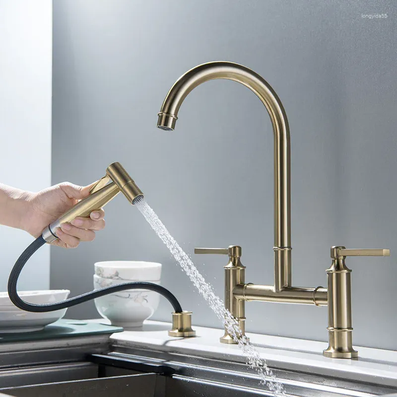 Rubinetti da cucina Rubinetto miscelatore acqua per lavello in oro spazzolato Doppia uscita Utilizzo Set rubinetteria con spruzzatore