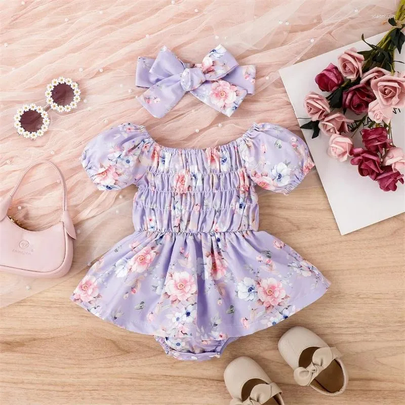 Rompers Toddler Baby's Clothes Girls Summer 2st -outfit Set Sort Sleeve Tutu Floral Romper med Bow pannband Barnkläder