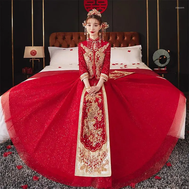 Ethnic Clothing Chinese Style Tulle Wedding Dress Retro Toast Bride Vintage Sparkly Embroidery Sequins Beading Cheongsam