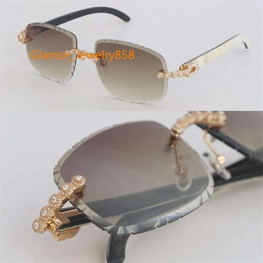 Luxe Moissanite Diamond Set Lunettes de soleil sans monture Femme Original Blanc Intérieur Noir Corne de Buffle Hommes Lunettes Vintage 8200762 Carve2793