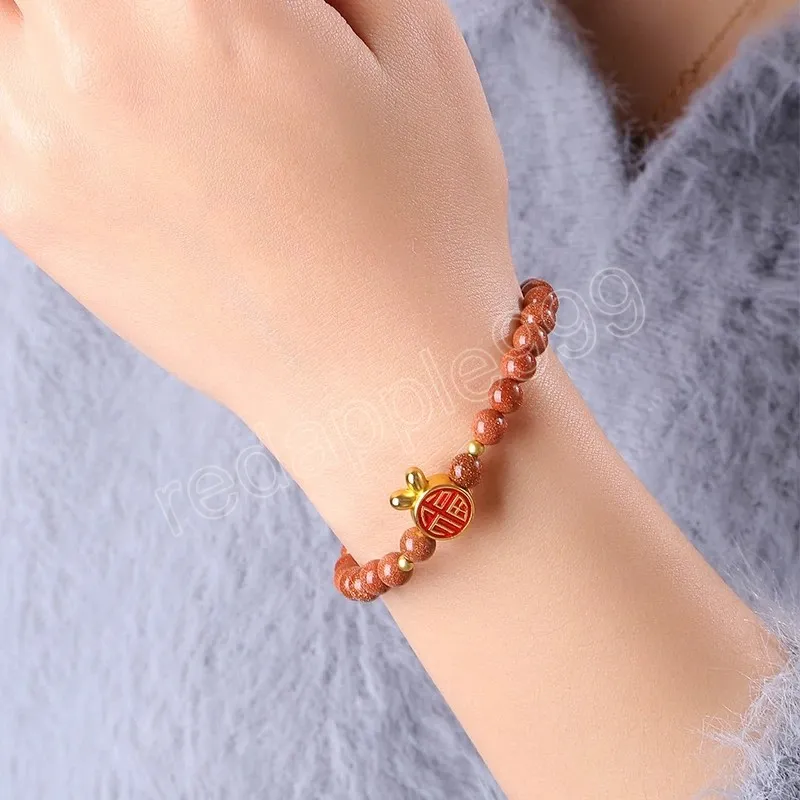 Golden Sandstone Bead Chinese Style Lucky Fu Rabbit Bracelets Women New Design Handmade Cute Wristband Fashion Jewelry Gift