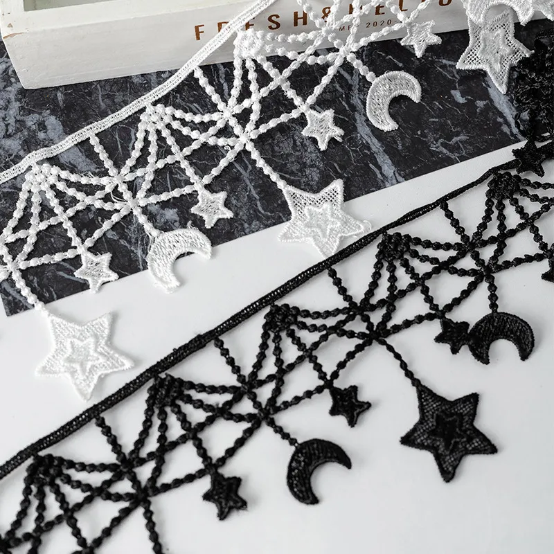 Preto branco guarnição estrelas lua rolo solúvel em água rendas acessórios de vestuário decorado diy decote manga tecido largura 10cm 1223043