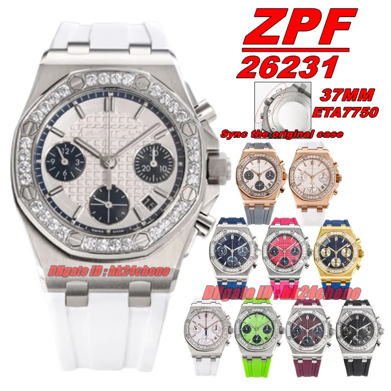 ZPF Factory Watches 37MM 26231 Acciaio inossidabile ETA7750 Cronografo automatico Orologio da donna Lunetta con diamanti Quadrante bianco Cinturino in caucciù Orologi da polso da donna