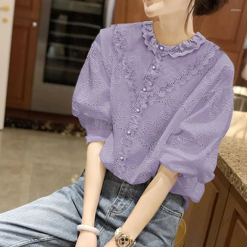 Camicette da donna in pizzo viola manica a bolle camicia da donna estate top da donna e stile da donna sottile di grandi dimensioni 2023