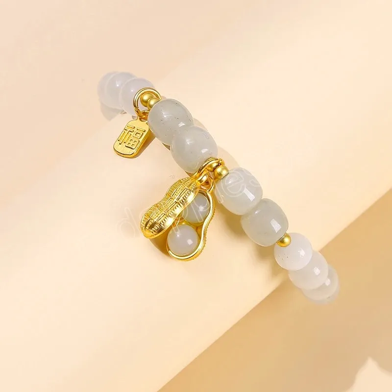 Natural White Cat Eyes Stone Alloy Peanut Pendant Armband Women Korean Fashion Lucky Bead Elastic Armband Girls Jewelry