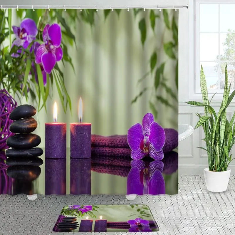 Rideaux de douche violet orchidée vert bambou tapis de bain ensemble Zen noir pierre Spa naturel paysage salle de bain décor antidérapant porte tapis