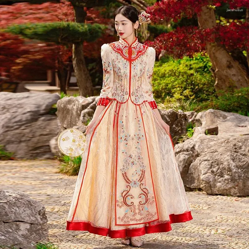 Roupas étnicas Elegante Noiva Champanhe Ouro Cheongsam Lantejoulas Chinesas Beading Borlas Vestido de Noiva Tang Terno