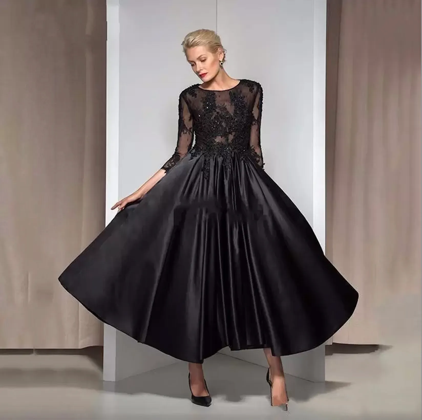 Schwarze Vintage-Kleider für die Brautmutter in Teelänge, 3/4-Ärmel, Juwelenausschnitt, Spitze, formelles Kleid für Mütter, Abendkleider in Übergröße