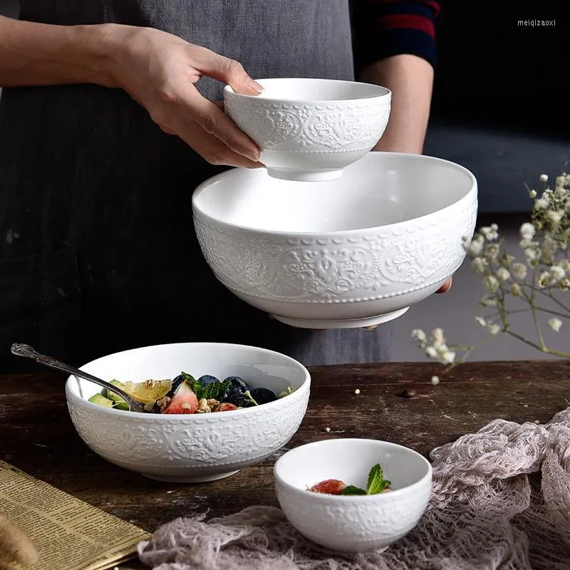 Bowls Nordic White Embossed Ceramic Rice Soup Tableware Porcelain Kitchen Container Fruit Salad Bowl Dinnerware