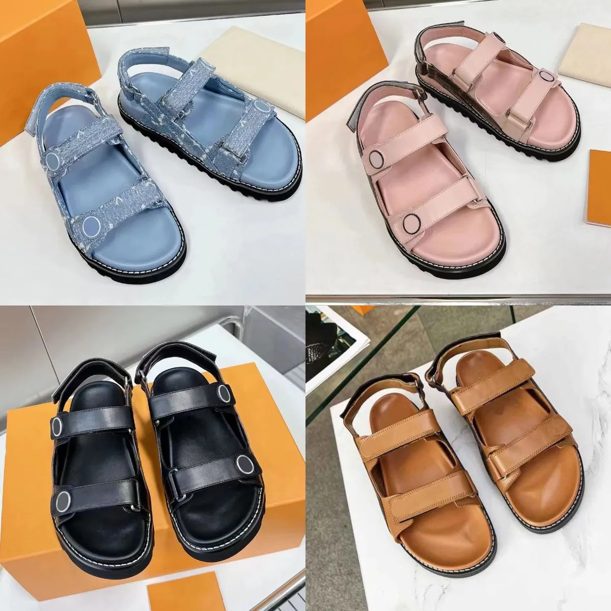 Designertofflor Dam Sandal PASEO COMFORT Flat Slides Lyx Casual Skor Plattform Sko Spänne Läder Loafer Denim Blå