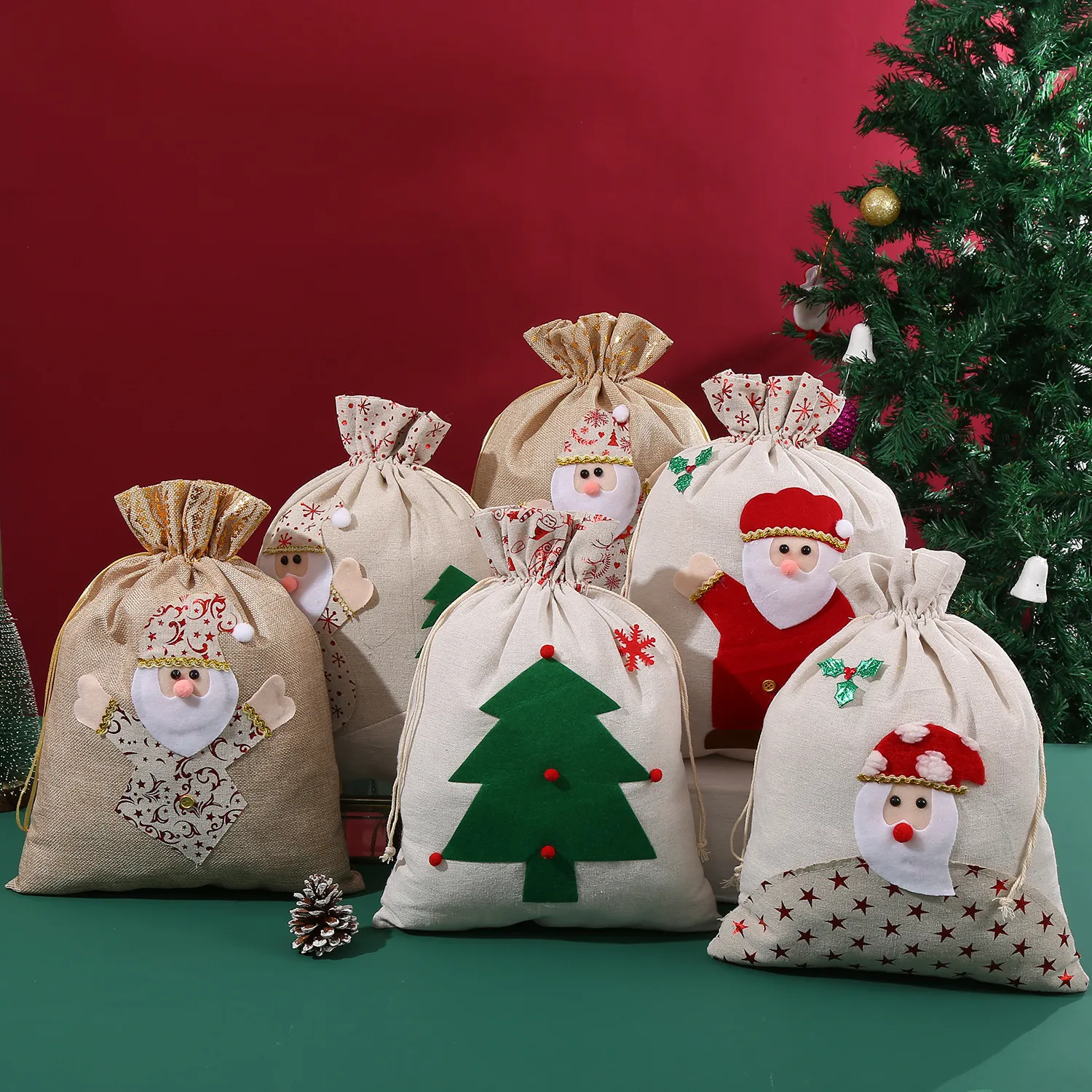 Neue große Weihnachts-Geschenktüte aus Baumwolle und Leinen, Weihnachts-Süßigkeitsbeutel, Bündelmund, Weihnachtsmann-Geschenktüte