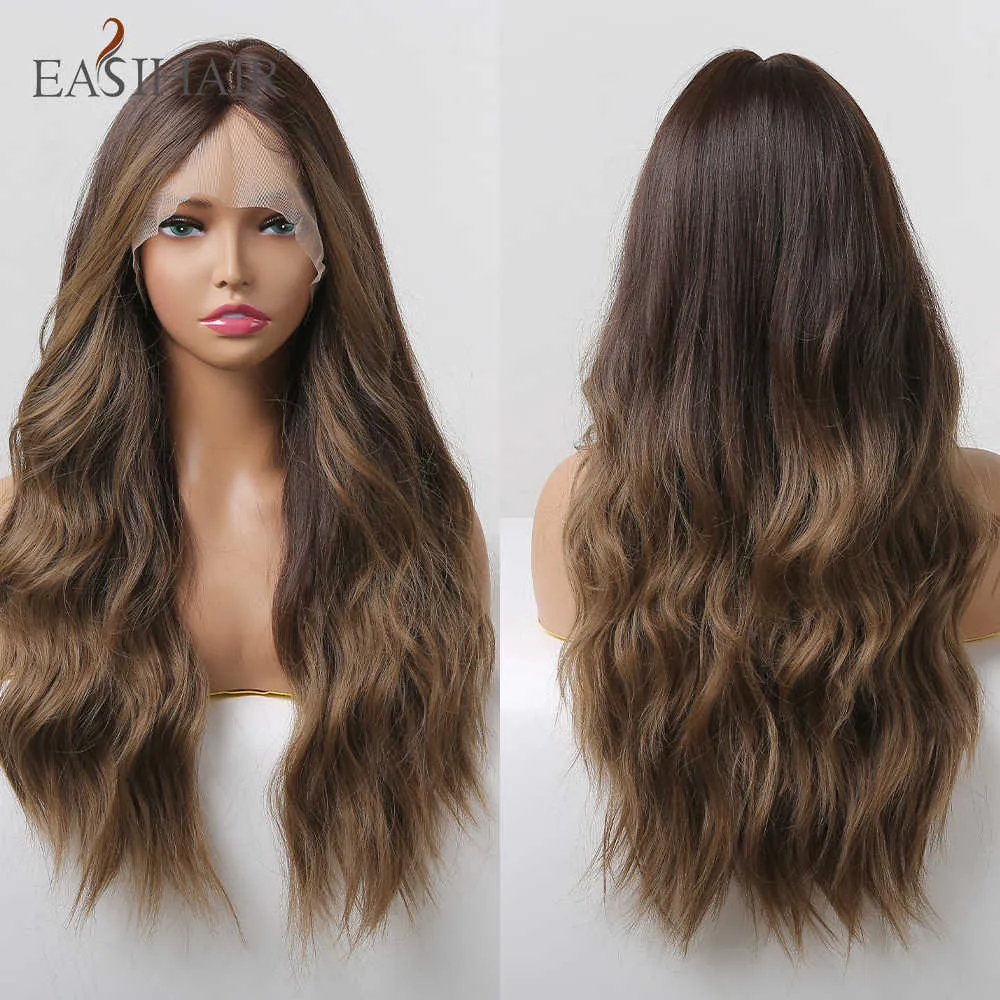 Synthetic Wigs Easihair Lace Front Wig Brown Ombre Long Wavy Synthetic s for Women Natural High Density Heat Resistant Cosplay 230227