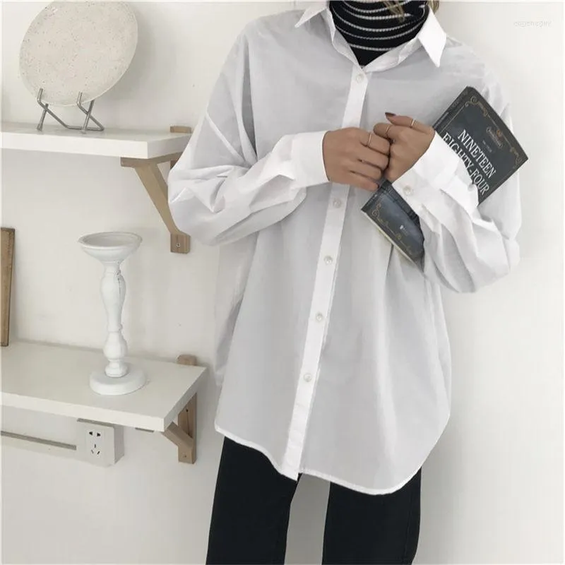 Kvinnors blusar 2023 Spring Solid Color Women Knapp Lossa Casual Ladies Basic Shirt All-Match Long Sleeve Top Female Professional Wear