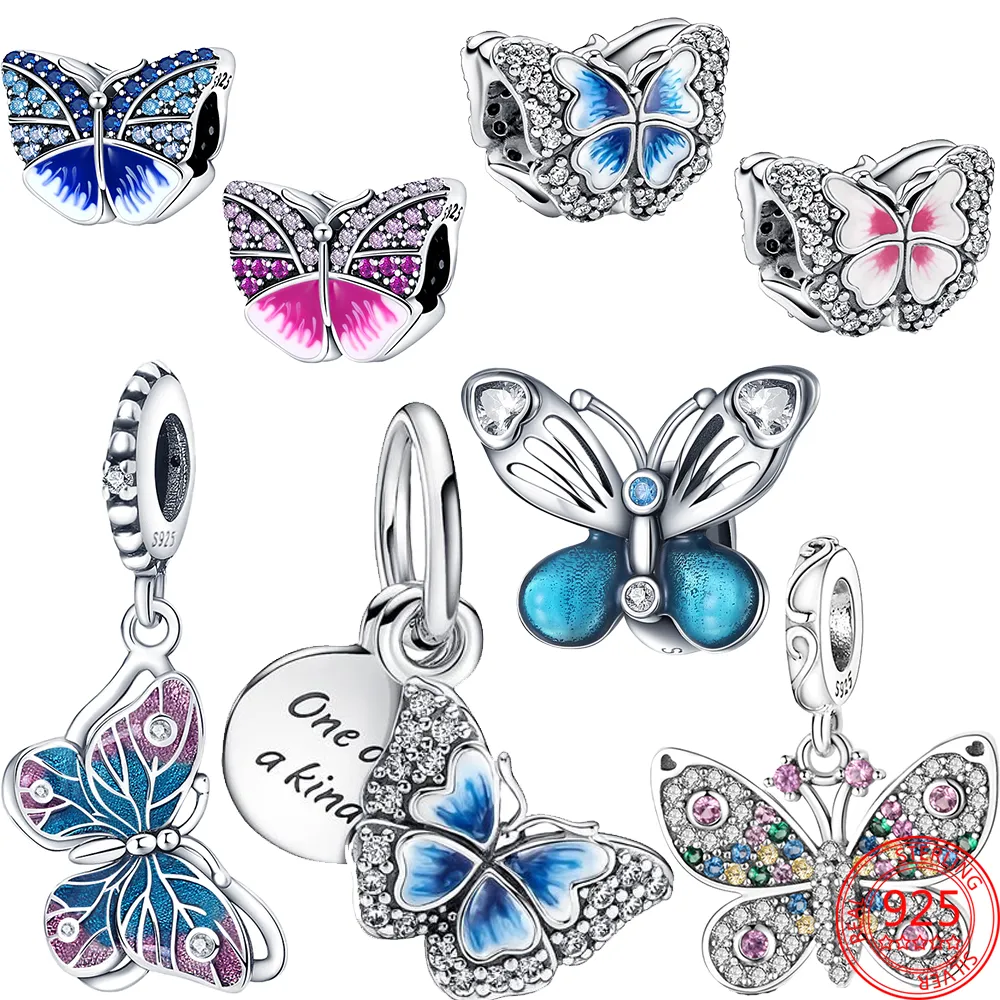 Prata 925 Fit Pandora Original Charms DIY Pingente Feminino Pulseiras Miçangas Citação Duplo Pendente Borboleta Espumante