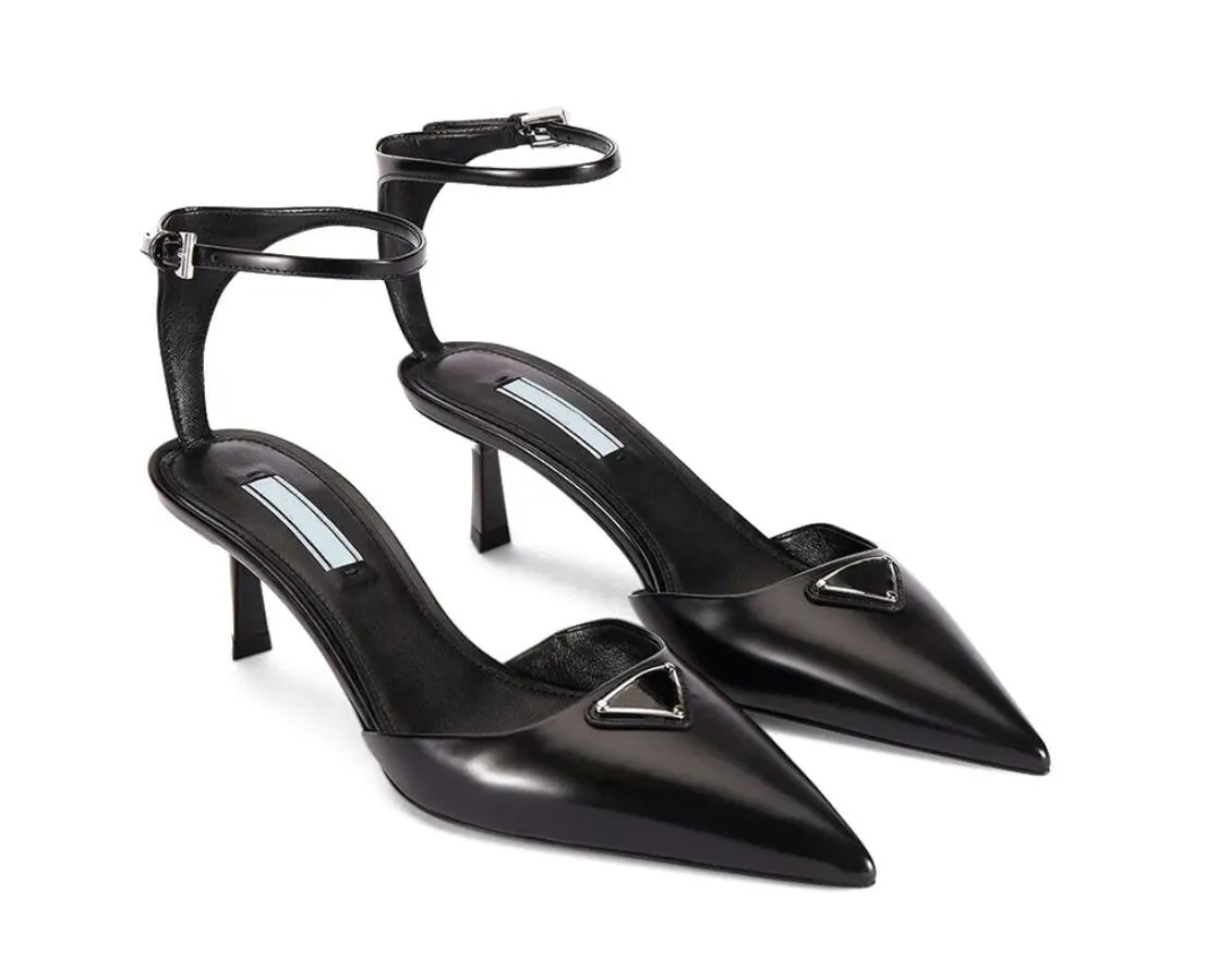 Elegant Women sandal Triangle brushed leather slingback pumps Ankle strap Pumps Luxury Footwear Women High Heels pointe toe pumps black white leathers