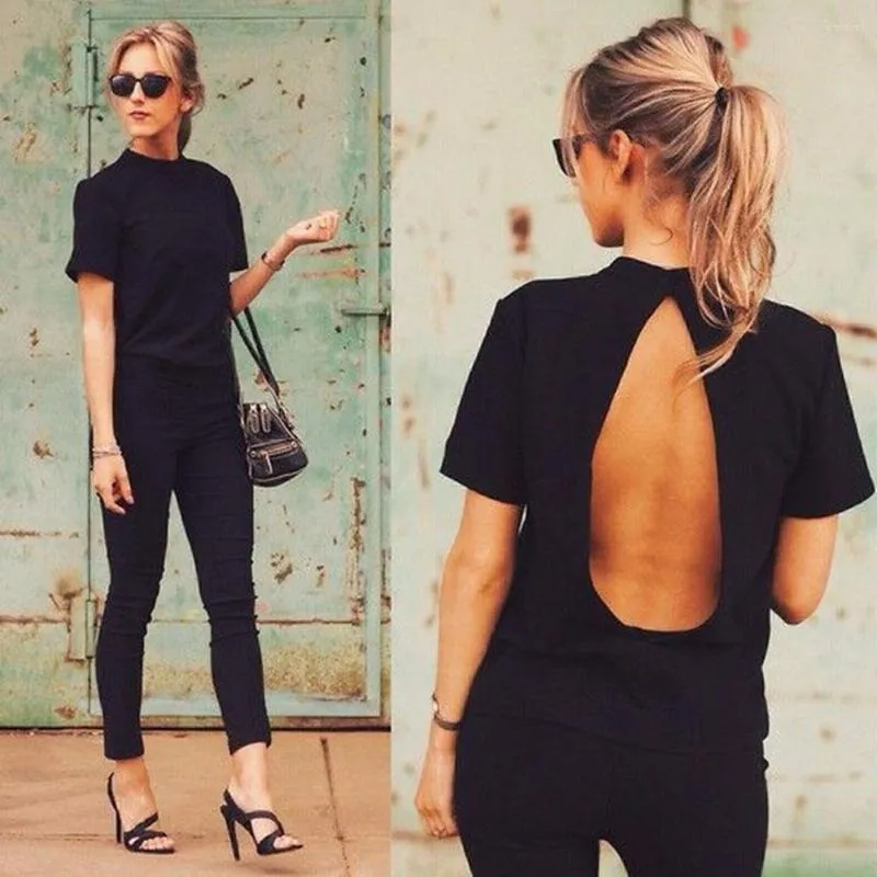 Blusas de mujer 2023 est linda camisa de mujer moda negro espalda abierta sexy tops manga corta ropa de verano