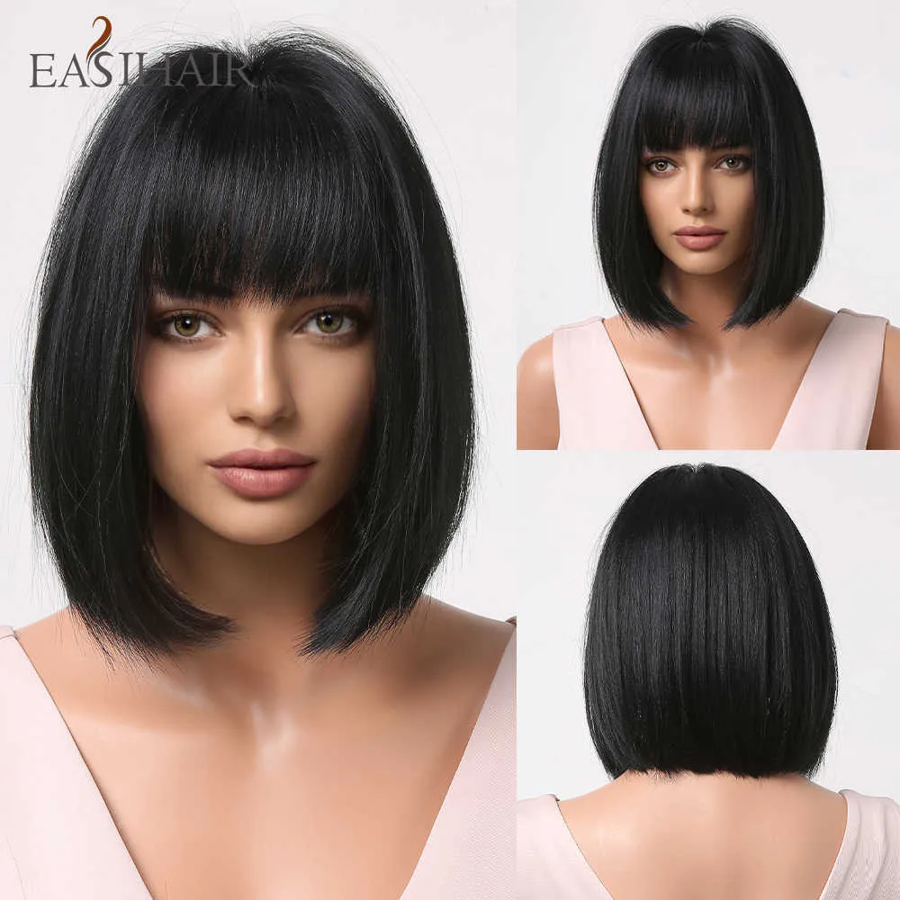 Syntetiska peruker Easihair Black Short Syntetiska peruker Kvinnor Staka Bob Hair With Bangs Cosplay Daily Natural Wig Heat Motent Fake 230227