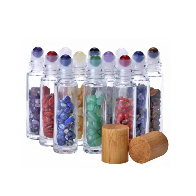 Bouteilles à bille en verre pour huiles essentielles de 10 ml, flacon de parfum avec cristal naturel écrasé, pierre de quartz, boule à roulettes en cristal avec capuchon en bambou