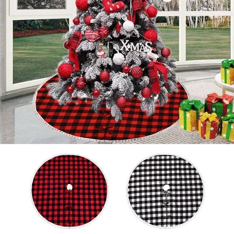 Christmas Decorations Ornament 122CM Red And Black Grid Fur Ball Side Tree Skirt Home Party Bottom Decoration