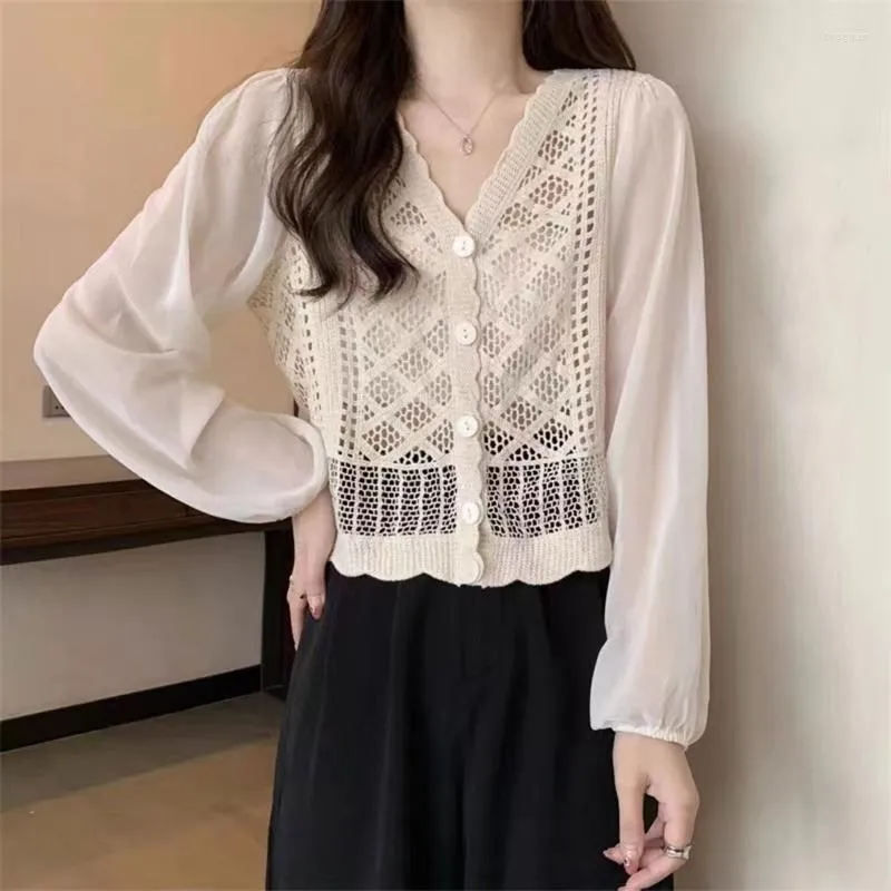 Women's Blouses Women's Hollow Crochet Shirt Sweet French Tops Chic V Neck Blouse Top Loose Long Sleeves Chiffon For Daily Dating