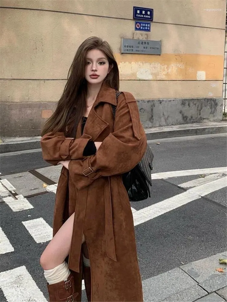 Frauen Trenchcoats Maillard Stil Herbst Winter Frauen Lange Wildleder Mantel Schwarz Khaki Doube Brust Jacke Mode Lässig Lose Windjacke