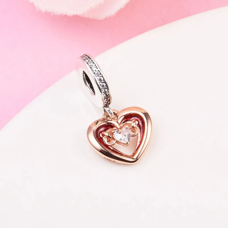 925 Sterling Silver Two-tone Radiant Heart Dangle Bead Fits European Jewelry Pandora Style Charm Bracelets