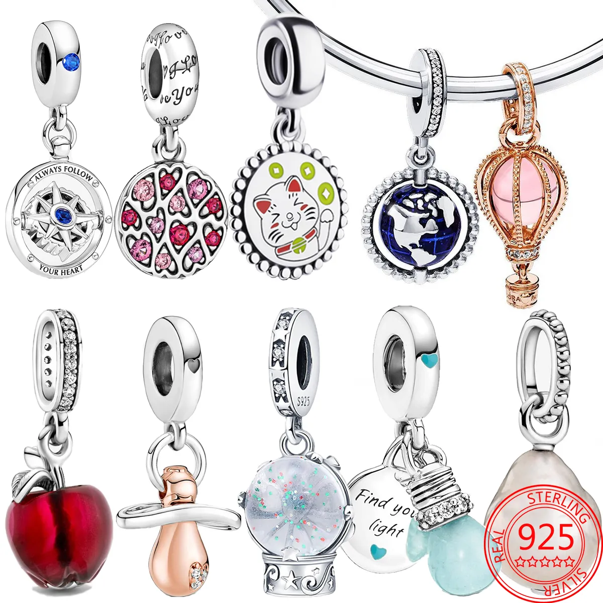 925 Silver Fit Pandora Charms Original DIY Pendant Women Bracelets Beads Globe Angel Night Light Bulb Baby Pacifier