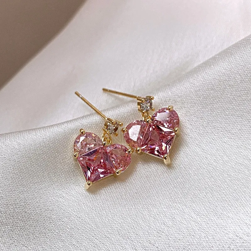 Fashion Hearts Hanging Pink Crystals Stud Earrings for Women Party Trend Piercing Ear Jewelry Friends Gift