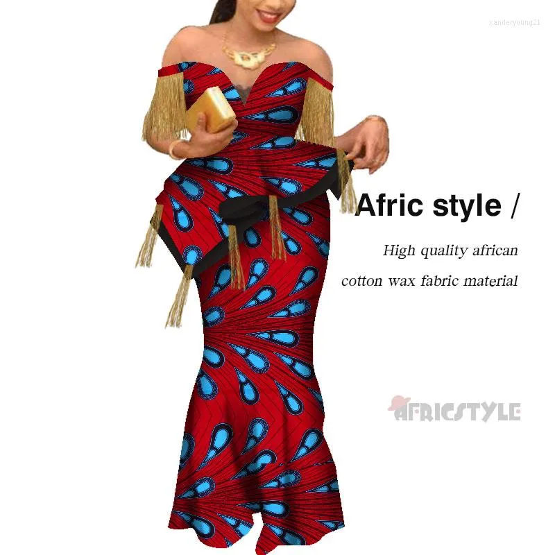 Ethnic Clothing Dashiki African Bazin Riche draperade toppar och kjoluppsättningar för Women Office Vestidos 2 -stycke kjolar WY6921