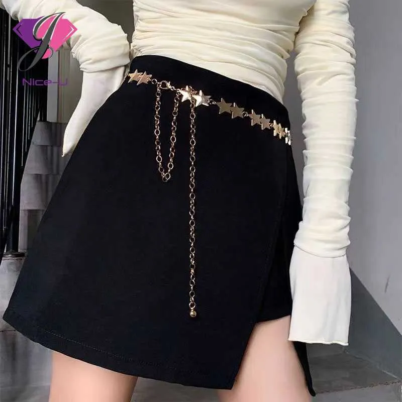 Belts New Retro Five-pointed Star Belly Waist Chain Women Geometric Metal Design Female Personality Trend Chain Belt for Dress Jeans Z0404