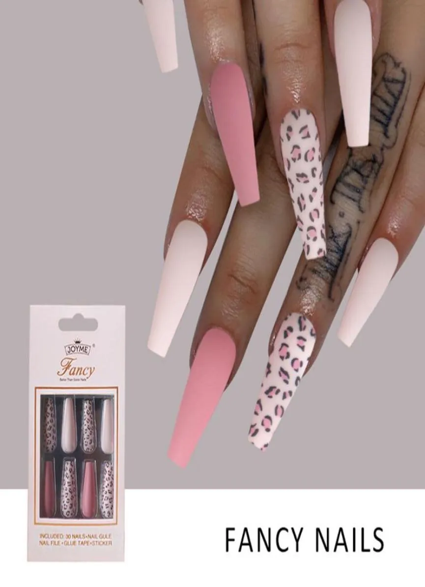 30 pcsset leopard färgglad lång kista matt falska naglar ballerina franska fullt omslag konstgjorda nagelkonst tips diy manicure verktyg Fals5988388