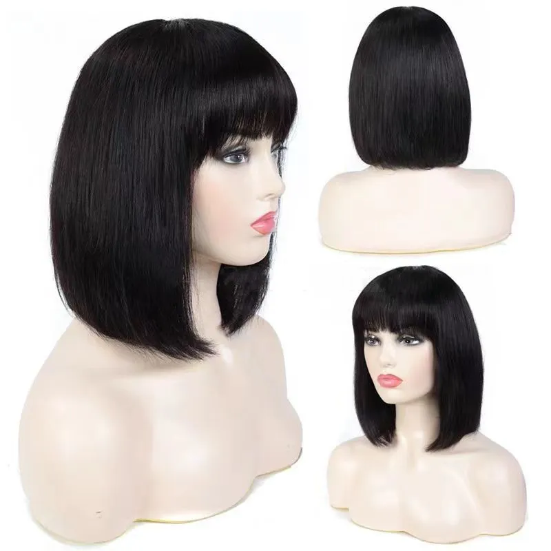 Human hair Short Bob Wigs With Air Bangs Women's Shoulder Length Wigs 14 inch wig Natural olor Can be dyed Bleaohed Easily Restyled Permed