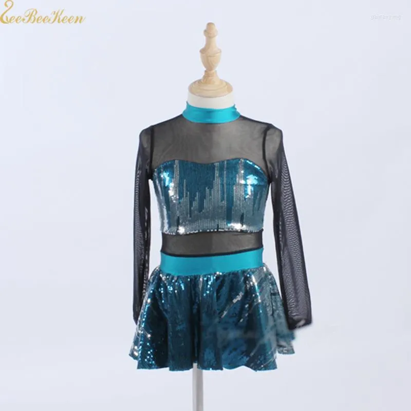 Stage Wear Women Professional Sequins Performance Show Costume Girl Jazz Dance Dress Latin Clothes Black Mesh Stitching