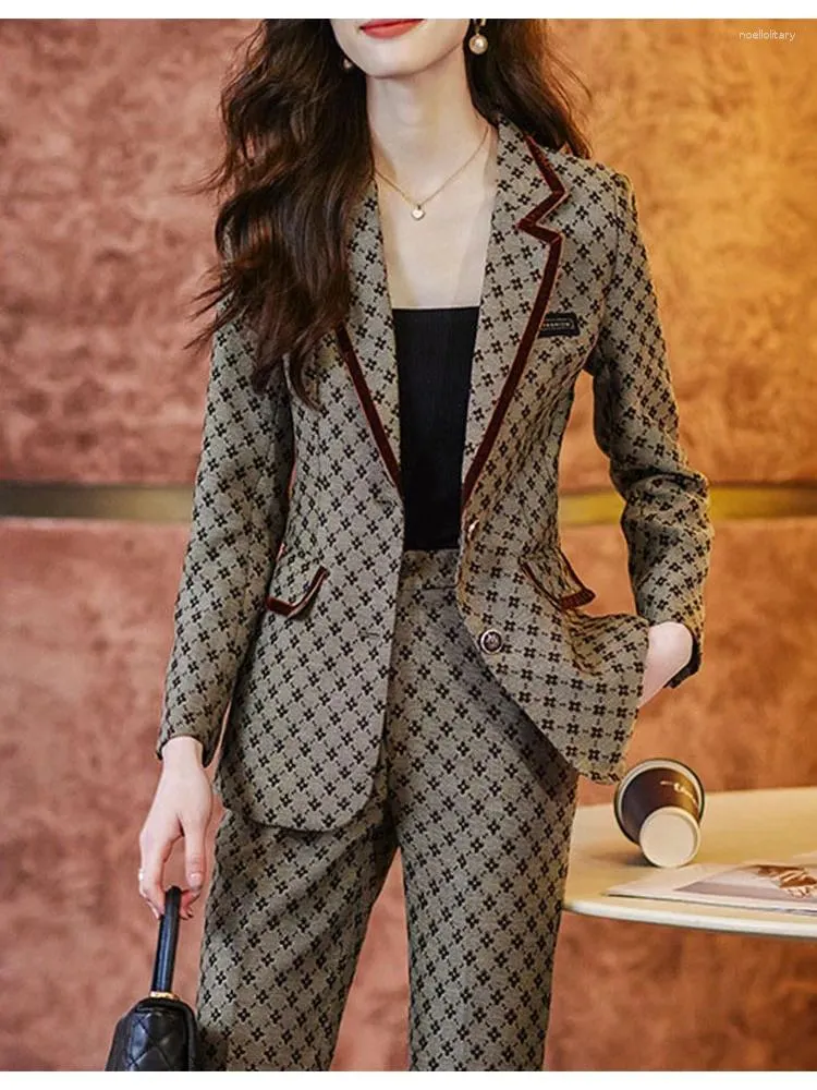 Dwuczęściowe spodnie damskie Tesco Khaki Print Kurtka 2 garnitur Senior Blazer Spants for Office Lady Formal Suits Pracuje Mujer