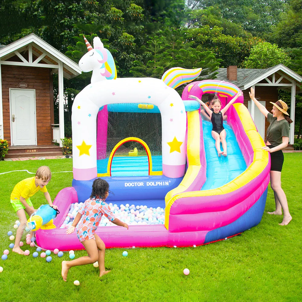 Parc aquatique pour enfants, maison de jeu gonflable avec toboggan licorne gonflable pour enfants, château gonflable de jeu en plein air avec souffleur de toboggan aquatique pour piscine humide et sèche, fosse à balles