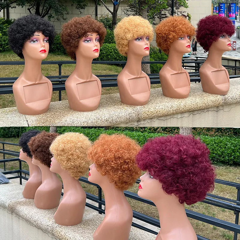 Short Colorful Human Hair Capless Machine Made Wigs Glueless None Lace Afro Curly Wig