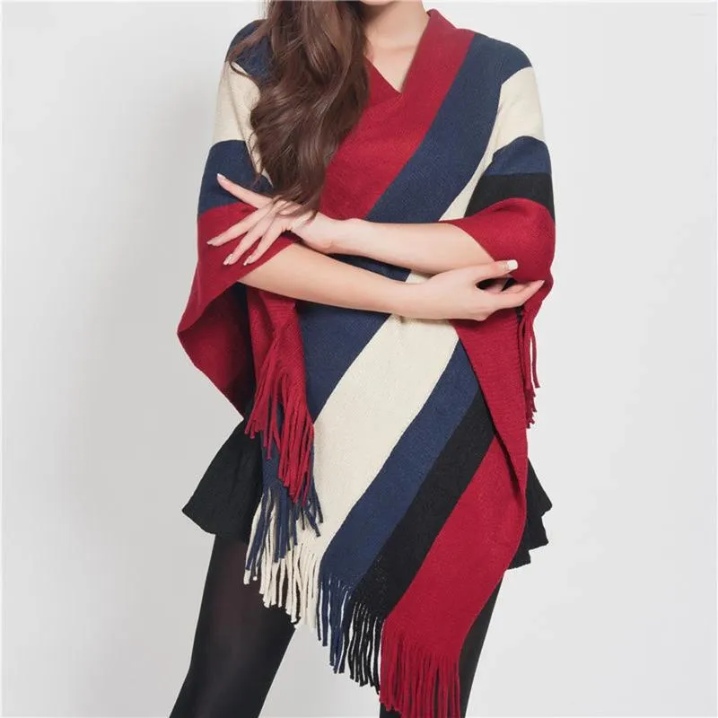 Écharpes Femmes Coloré Pull Pull Cape Glands Tricots Ourlet Irrégulier Épissage Enveloppe Le Châle Cachemire Pashmina