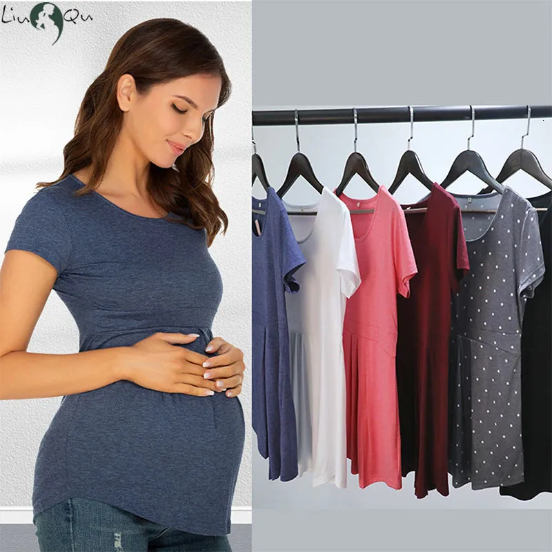 Moderskapsklänningar sommar moderskap toppar kvinnor graviditet kort ärm t-shirts casual tees för gravida eleganta damer vikar topp kvinnor kläder 230404