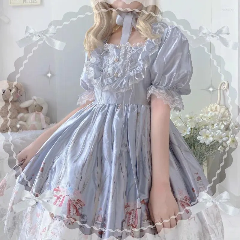 Vestidos de festa japonês sweety lolita estilo vestido feminino kawaii gola quadrada bandagem arco puff manga renda babados para mulheres