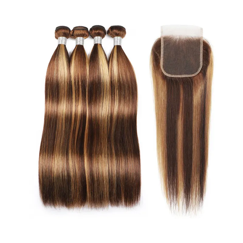 Brazilian Human Hair P4/27 Color 3 Bundles With 4X4 Lace Closure Straight Free Middle Three Part 4Pieces/lot