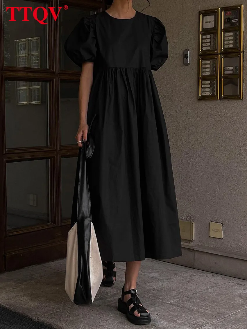 Vestidos casuais TTQV Casual Vestido Black Feminino Black Summer Oneco curto Midi Dresses Midi Vestidos elegantes da cintura A-line Dress 230404
