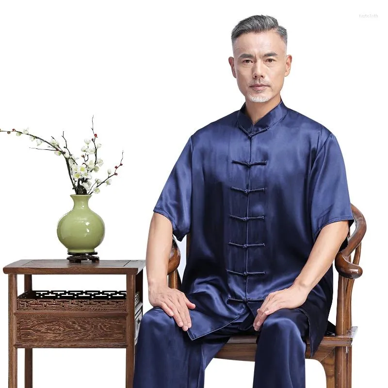 Etniska kläder high-end sommar kort ärm Mulberry Silk Practice Martial Arts Male Tai Chi Clothes Suit For Ji Costume Outfit Kvinna
