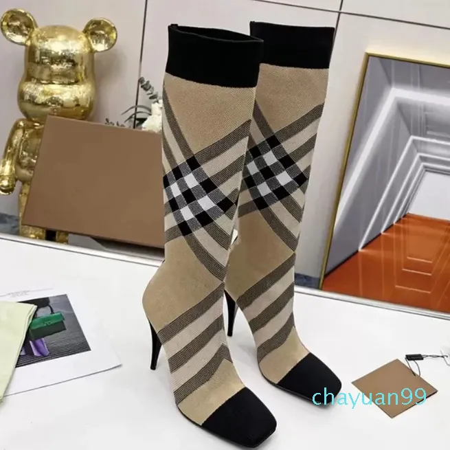Damen-Overknee-Stiefel mit Karo-Stretch-Strick-Socken-Stiletto-Absatz für Party-Frau, luxuriös, Herbst und Winter, spitz