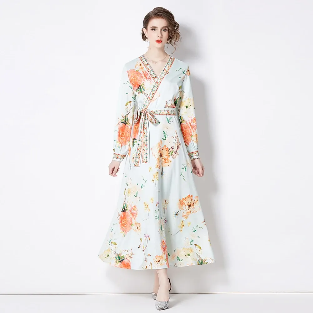Temel gündelik elbiseler bahar sonbahar kadın çiçek baskı dantel yukarı kemer yüksek bel ince maxi elbise pist v-yakn fener kollu parti uzun vestidos2024