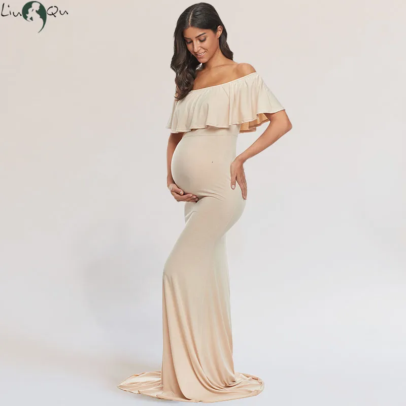 Liu Qu maternity Po Shoot maternity maxi dress - Elegant Slim Fit Robe for Pregnancy Photography, Off-Shoulder Long maternity maxi dresses for Party