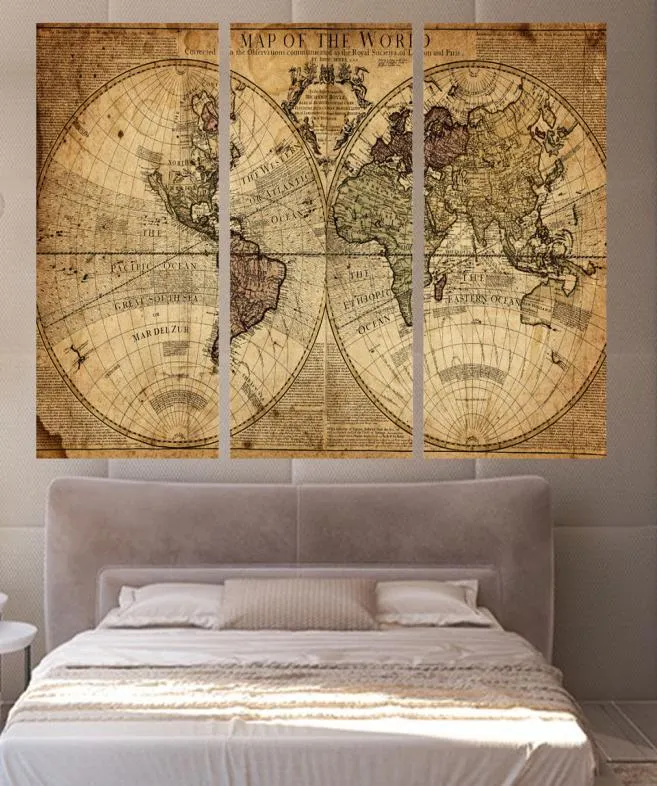 3 paneller vintage dünya haritası tuval boyama ev dekor duvar sanat boyama tuval oturma odası için resimler poster3386415