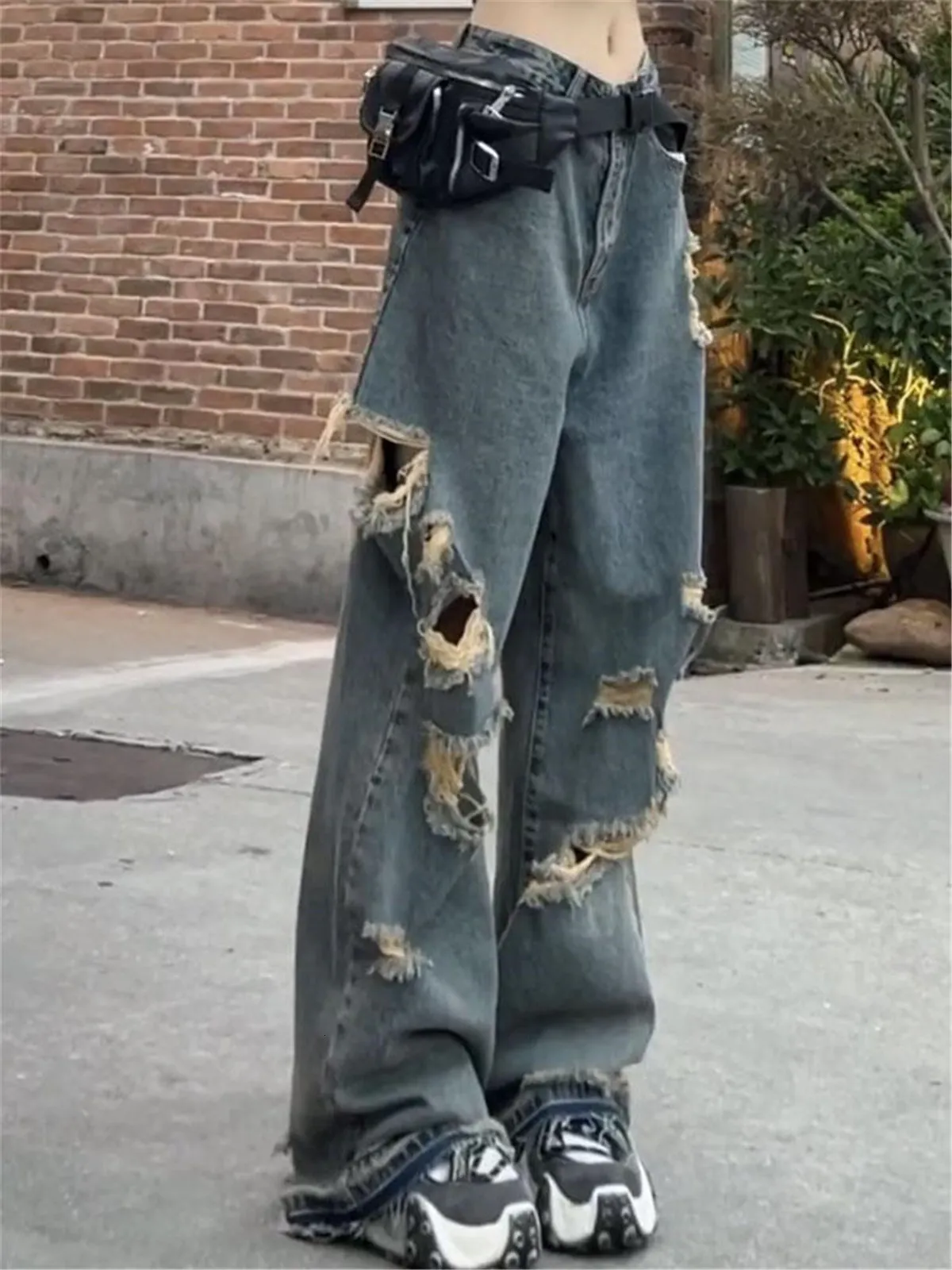 Blue Ripped Loose Mom Jeans Loose Fit Autumn/Spring Trousers For