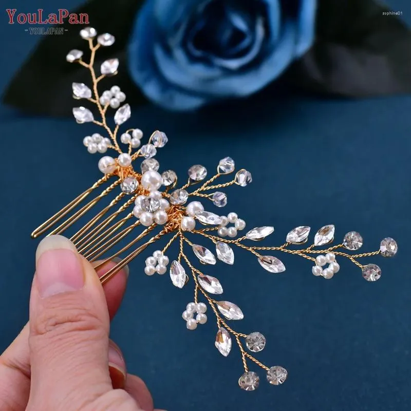 Copricapo TOPQUEEN HP22 Pettine da sposa in cristallo Accessori per capelli da sposa Copricapo Colore dorato Clip per donna Copricapo per gioielli con testa da spettacolo