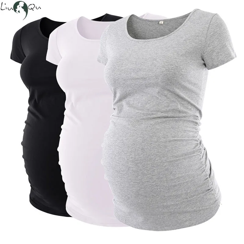 출산 정상 티 모성 티 티의 옷 Ropa embarazada 셔츠 O 목 상단 임신 티셔츠 캐주얼 아첨 측면 Ruching Maternity Pullover 230404